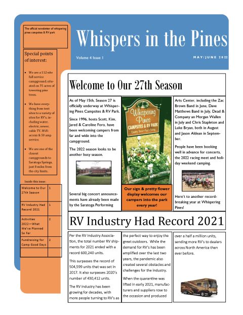 MAY – JUNE 2022 NEWSLETTER | Whispering Pines - Campsites and RV Park